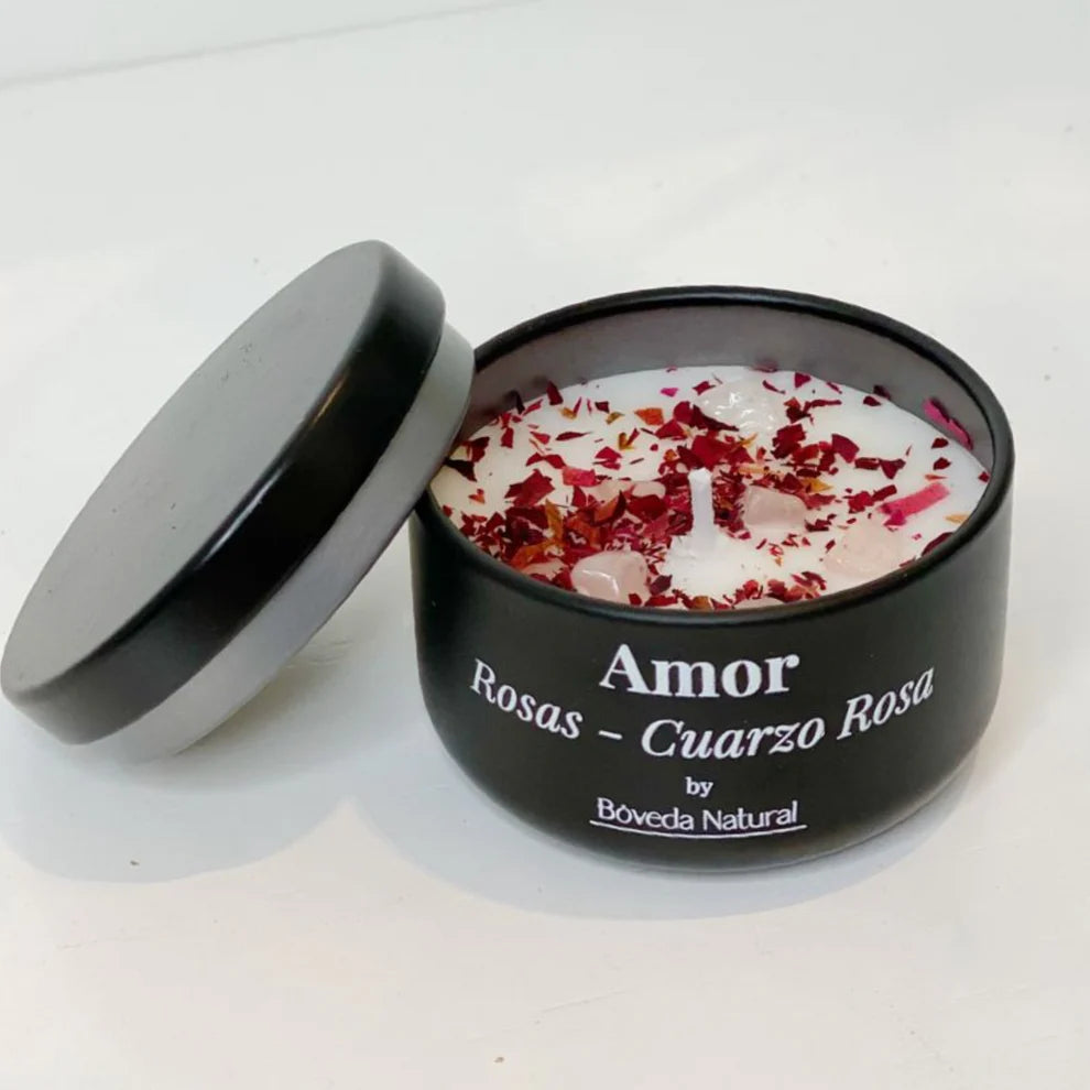 Vela Amor - Cuarzo Rosa y Rosas