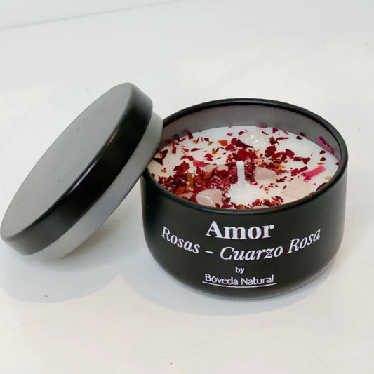 Vela Amor - Cuarzo Rosa y Rosas