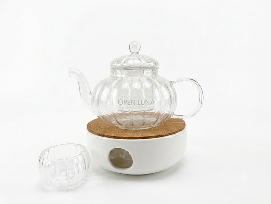 Tetera de Vidrio con Infusor + Base Calentadora + Taza